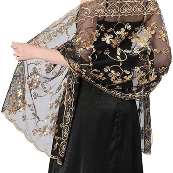 Shawls and Wraps for Evening Dresses,Women Formal 1920s Sequin Flower Sheer Shaw - Picture 2 of 8